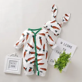 2-piece Carrot Printed Jumpsuit & 3D Design Hat for Baby Girl Children's clothing wholesale