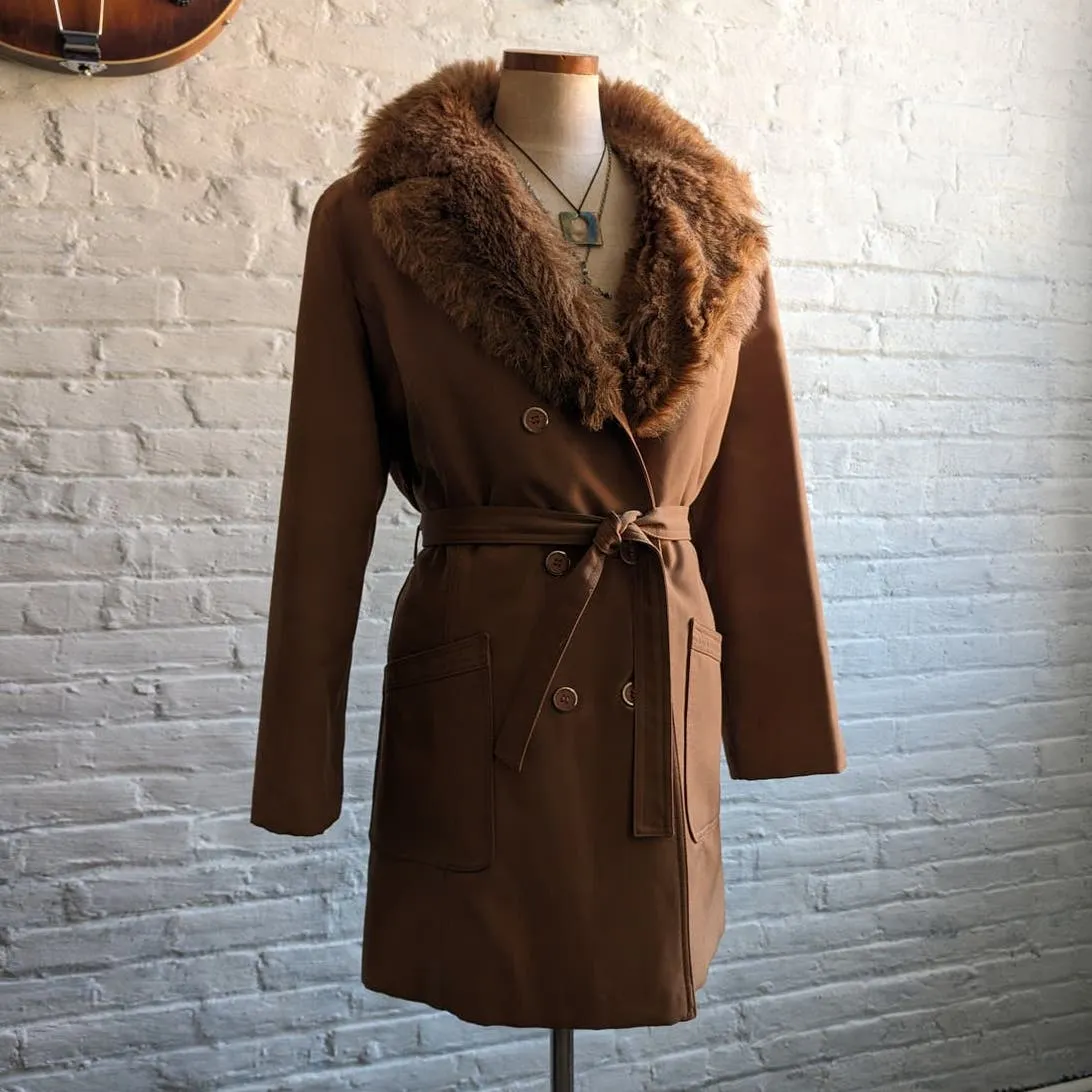 70s Vintage Faux Fur Brown Penny Lane Trench Coat Groovy Minimalist Chic Jacket