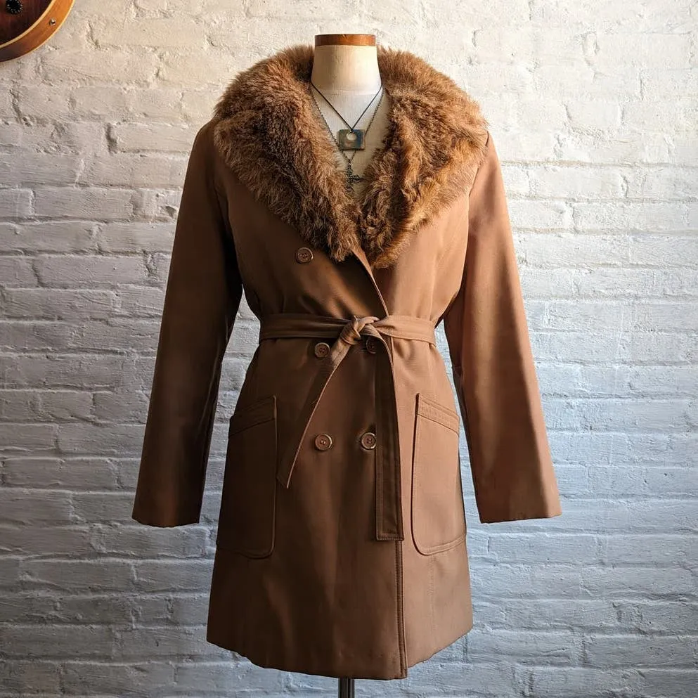 70s Vintage Faux Fur Brown Penny Lane Trench Coat Groovy Minimalist Chic Jacket