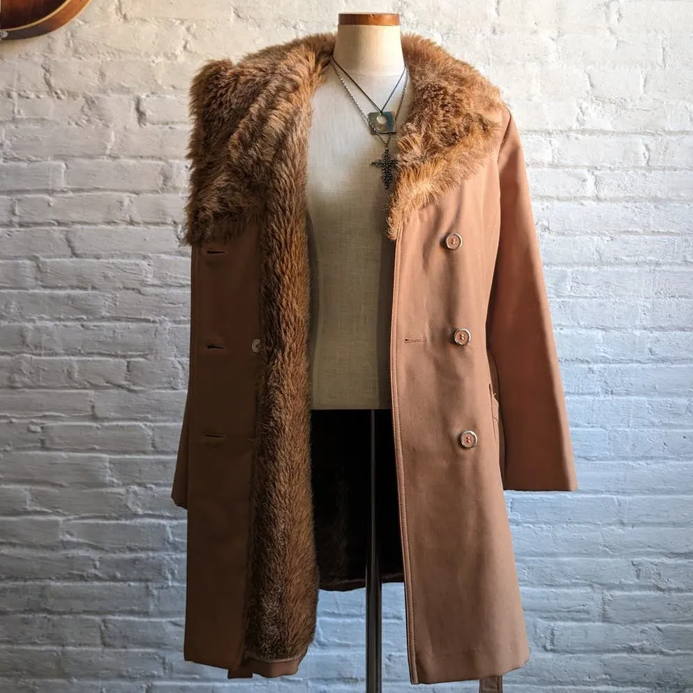 70s Vintage Faux Fur Brown Penny Lane Trench Coat Groovy Minimalist Chic Jacket