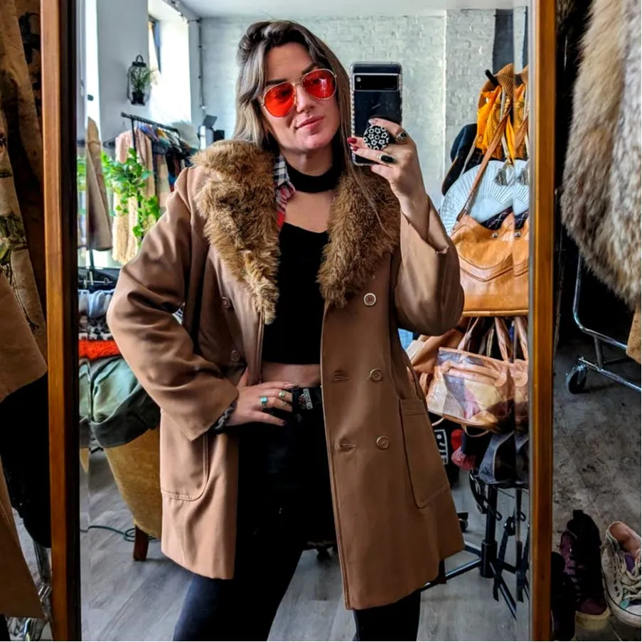 70s Vintage Faux Fur Brown Penny Lane Trench Coat Groovy Minimalist Chic Jacket