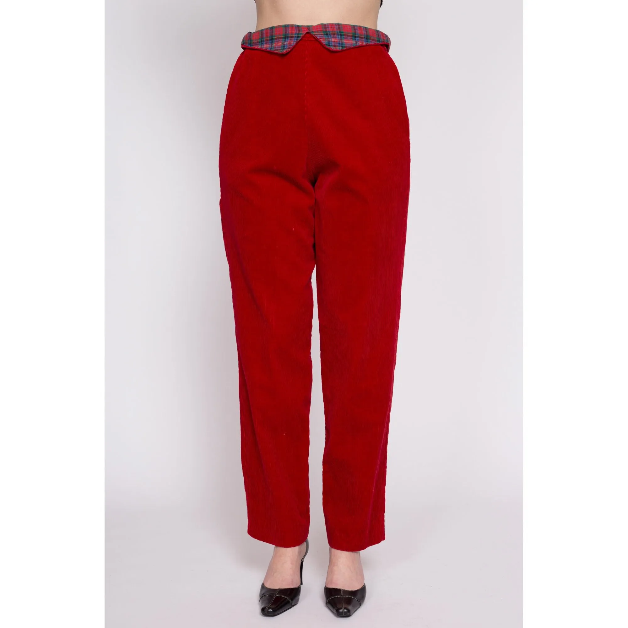 80s Red Corduroy Plaid Trim Pants - Medium