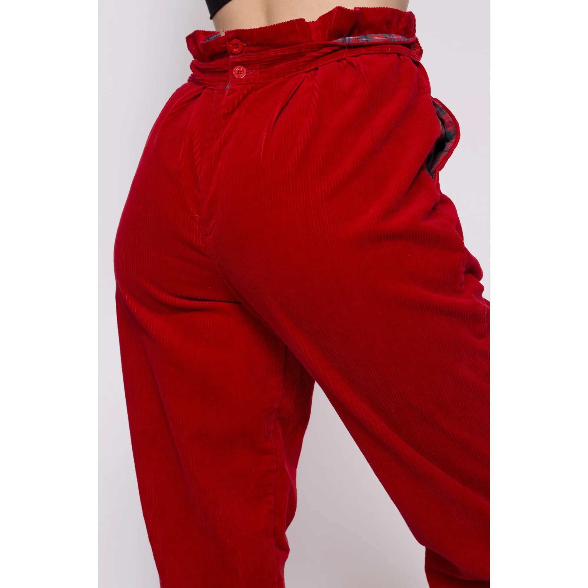 80s Red Corduroy Plaid Trim Pants - Medium