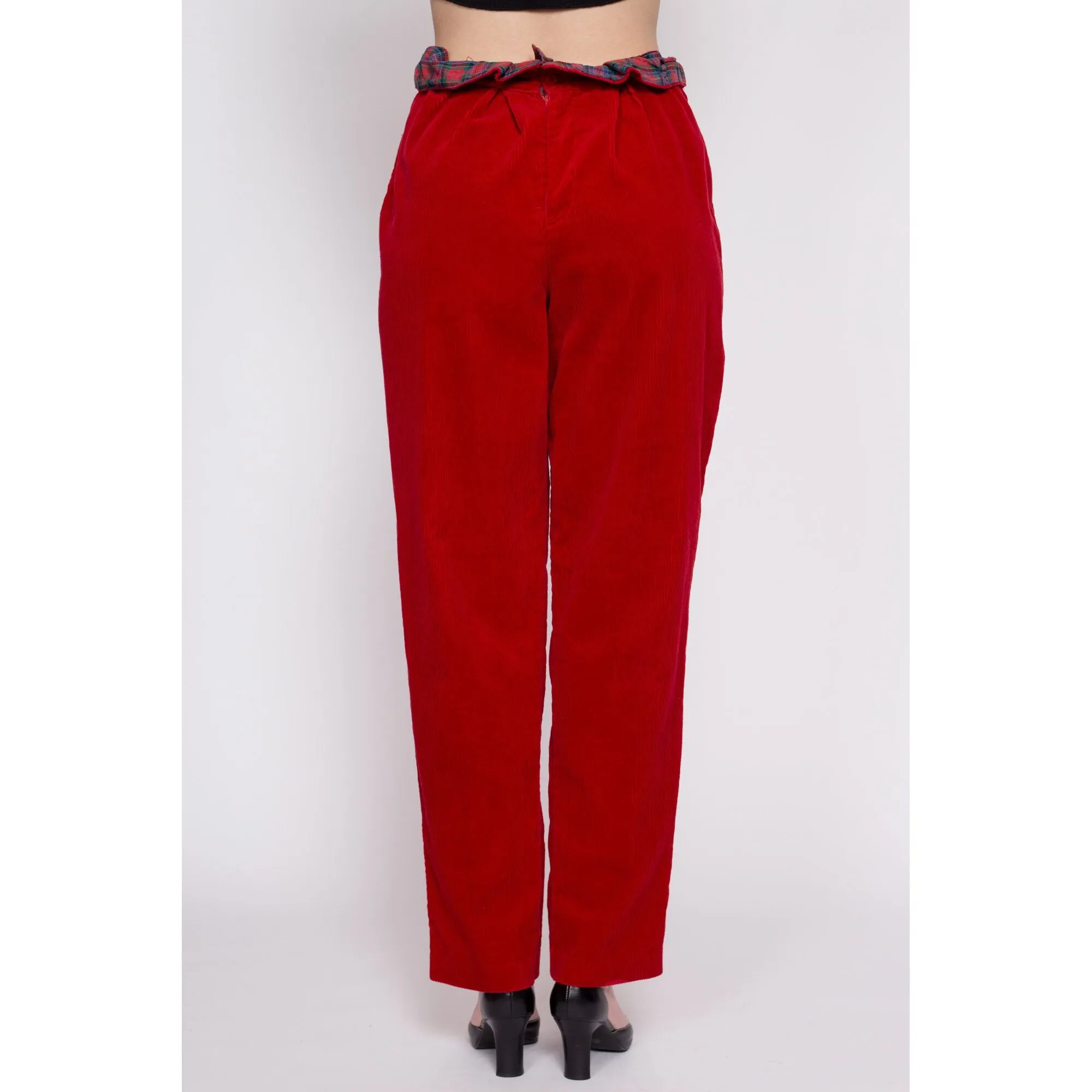 80s Red Corduroy Plaid Trim Pants - Medium