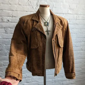 90s Vintage Brown Suede Bomber Jacket Biker Minimalist Grunge Cropped Moto Coat