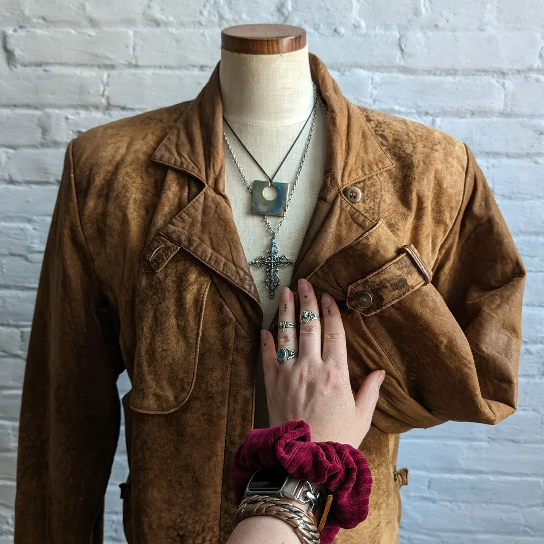 90s Vintage Brown Suede Bomber Jacket Biker Minimalist Grunge Cropped Moto Coat