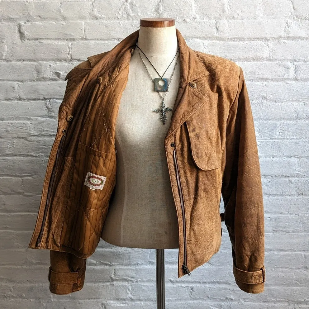 90s Vintage Brown Suede Bomber Jacket Biker Minimalist Grunge Cropped Moto Coat