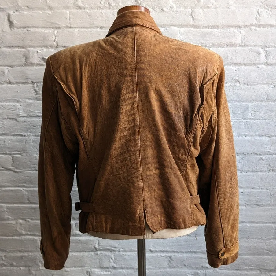 90s Vintage Brown Suede Bomber Jacket Biker Minimalist Grunge Cropped Moto Coat