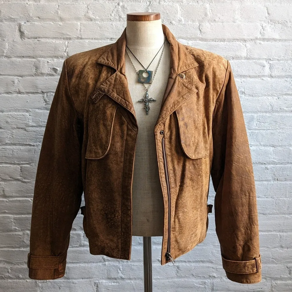 90s Vintage Brown Suede Bomber Jacket Biker Minimalist Grunge Cropped Moto Coat