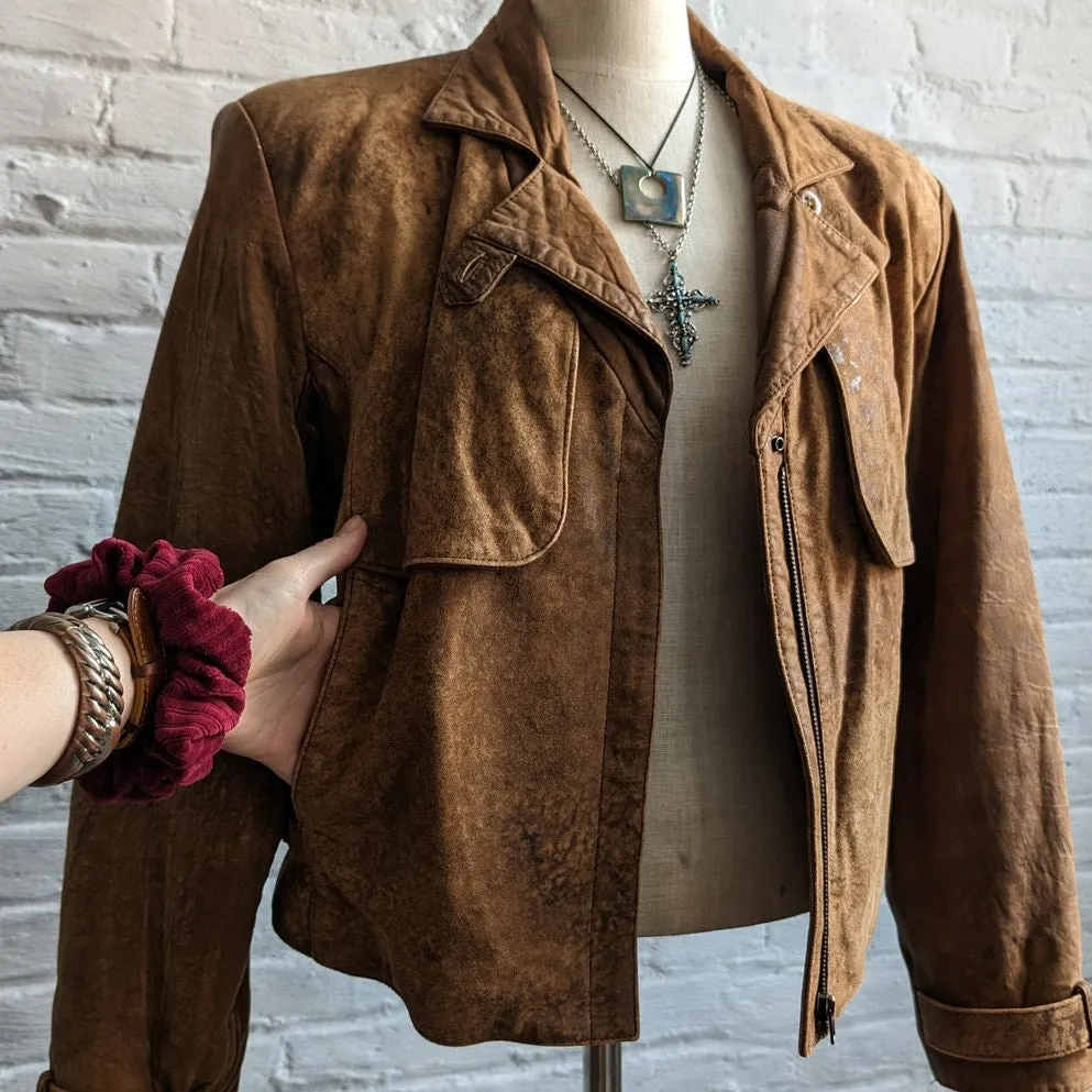 90s Vintage Brown Suede Bomber Jacket Biker Minimalist Grunge Cropped Moto Coat