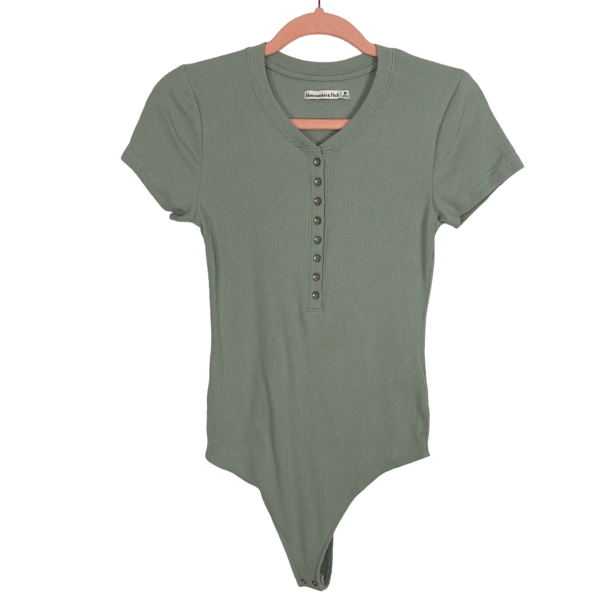 Abercrombie & Fitch Sage Ribbed Button Front Thong Bodysuit- Size M