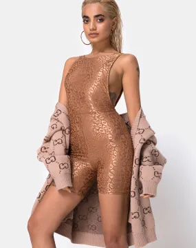 Acro Unitard in Leopard Sheen Net Caramel