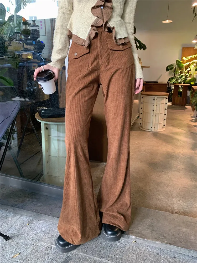 Advbridge  -  Women's Coffee Colored Corduroy Micro Flared Pants Street Style Fashion Female High Waisted Straight Wide Leg Trousers