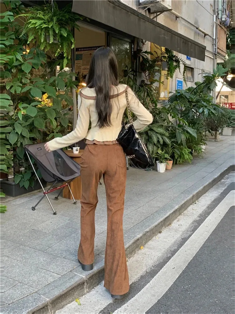 Advbridge  -  Women's Coffee Colored Corduroy Micro Flared Pants Street Style Fashion Female High Waisted Straight Wide Leg Trousers