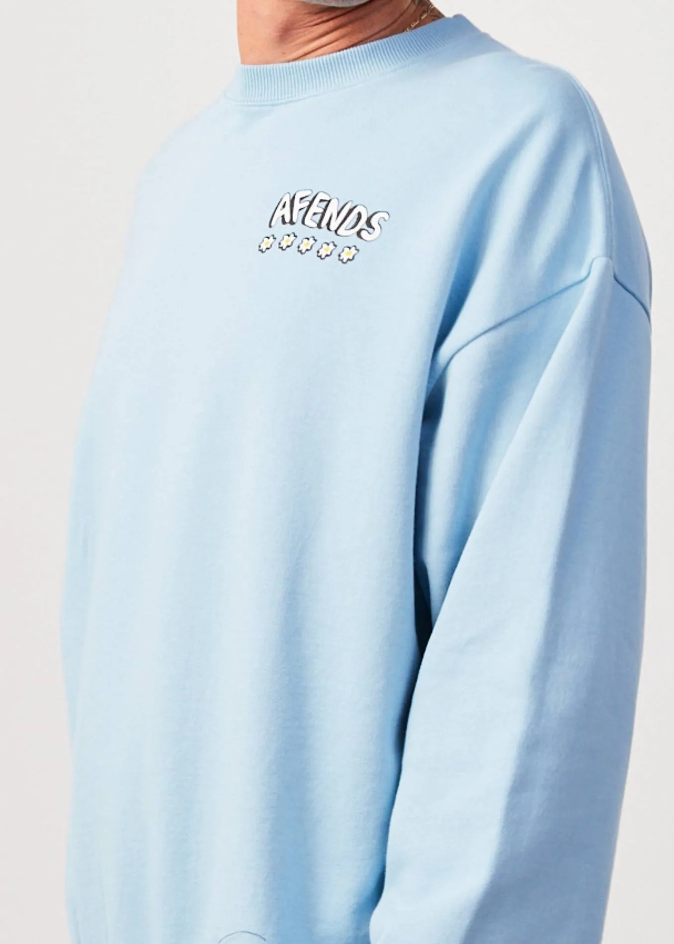 AFENDS Mens Flowers - Crew Neck Jumper - Sky Blue