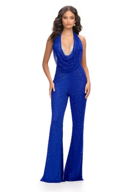 Ashley Lauren 11775 Halter Neckline Jumpsuit Embellished Plunging Neckline with Cowl overlay