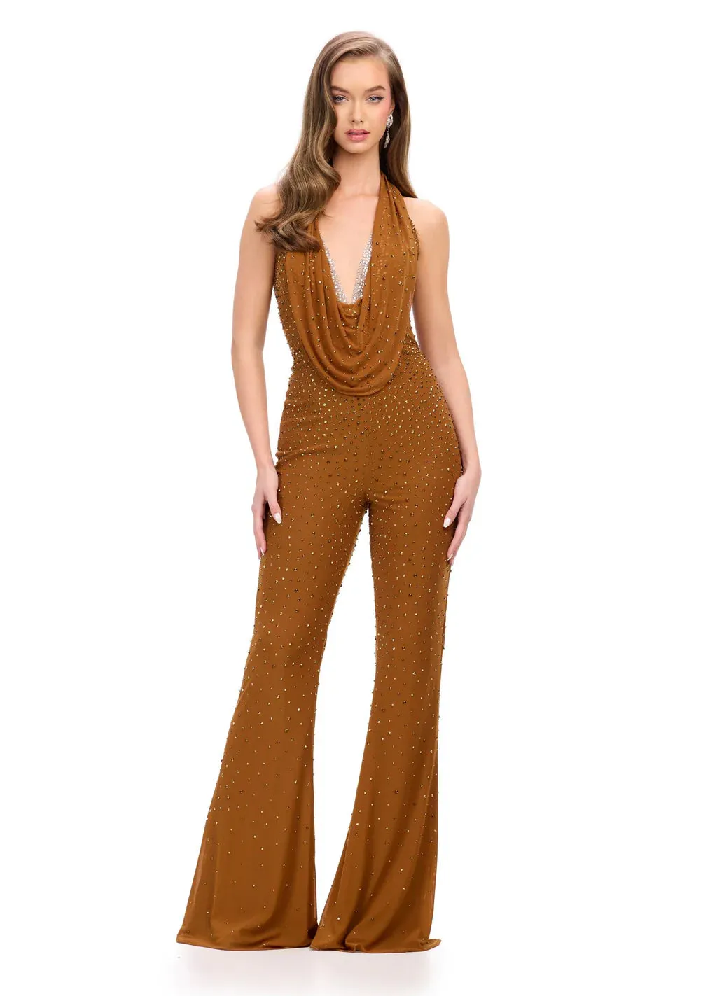 Ashley Lauren 11775 Halter Neckline Jumpsuit Embellished Plunging Neckline with Cowl overlay