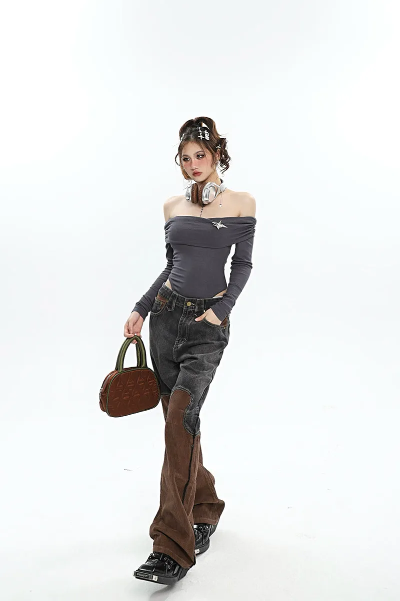 Ashly Patchwork Grey Brown High Waisted Denim Corduroy Pants