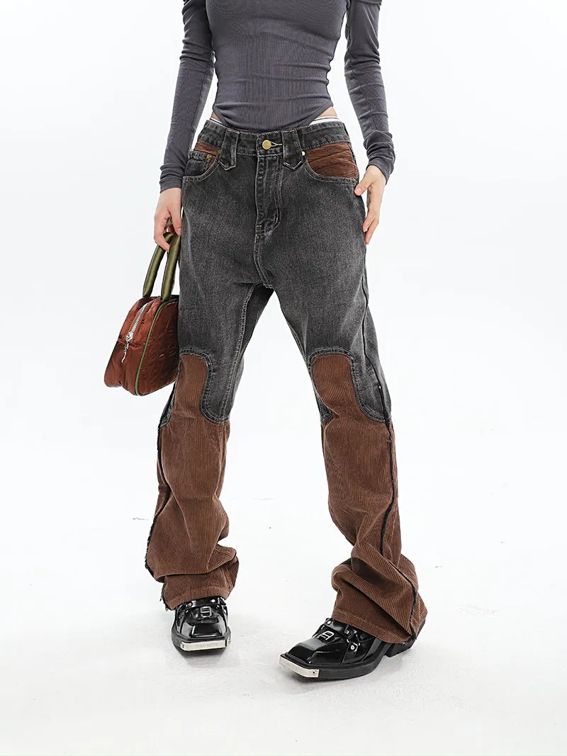 Ashly Patchwork Grey Brown High Waisted Denim Corduroy Pants