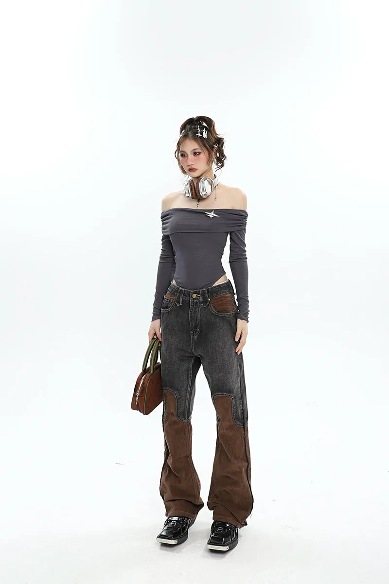 Ashly Patchwork Grey Brown High Waisted Denim Corduroy Pants