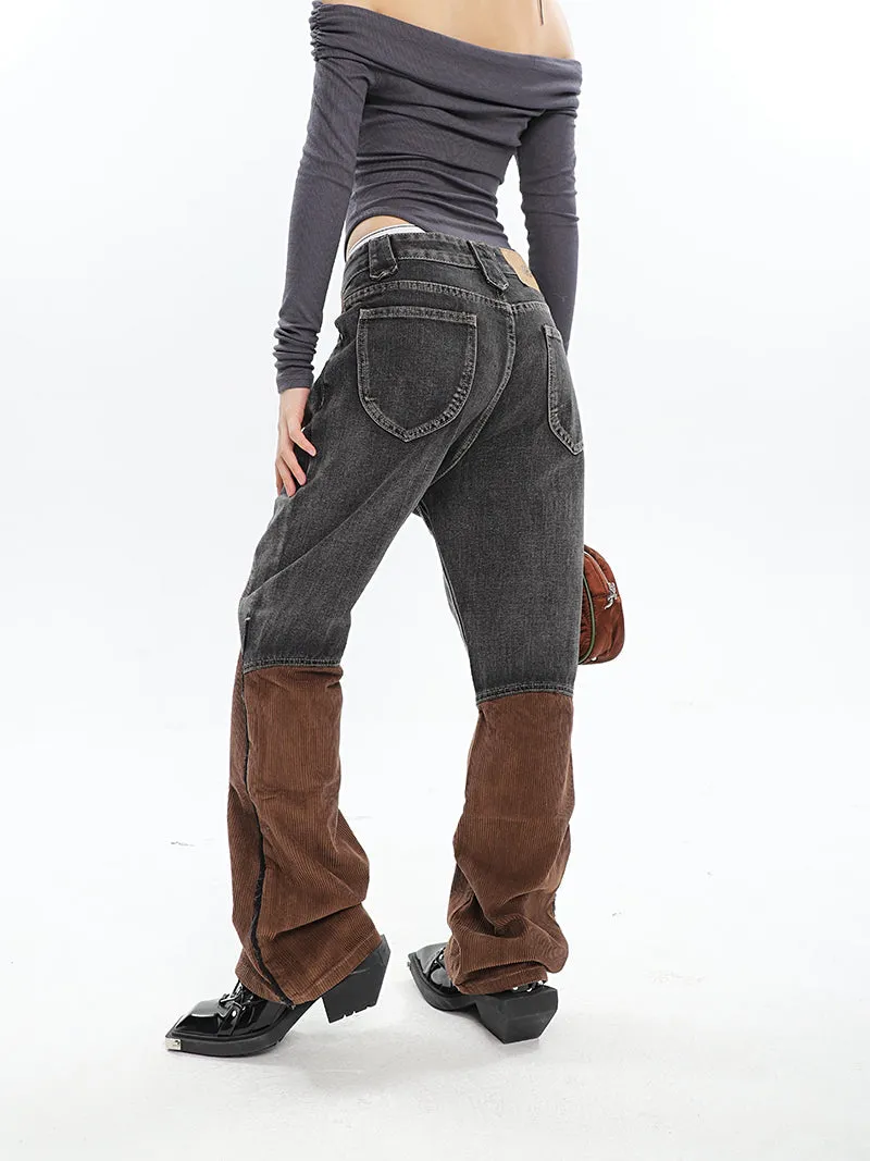 Ashly Patchwork Grey Brown High Waisted Denim Corduroy Pants