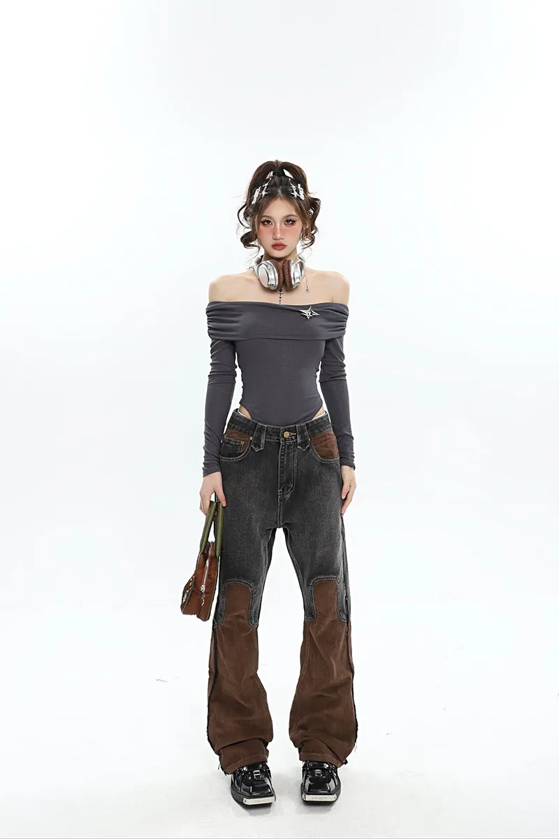 Ashly Patchwork Grey Brown High Waisted Denim Corduroy Pants