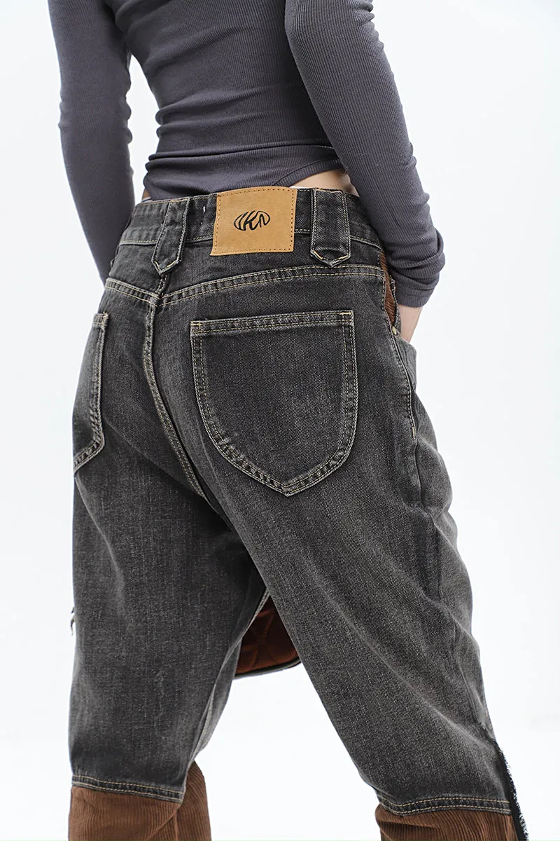 Ashly Patchwork Grey Brown High Waisted Denim Corduroy Pants