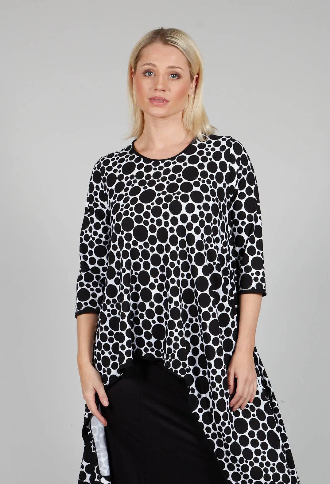 Asymmetrical Jersey Tunic Top  in White with Black Pois