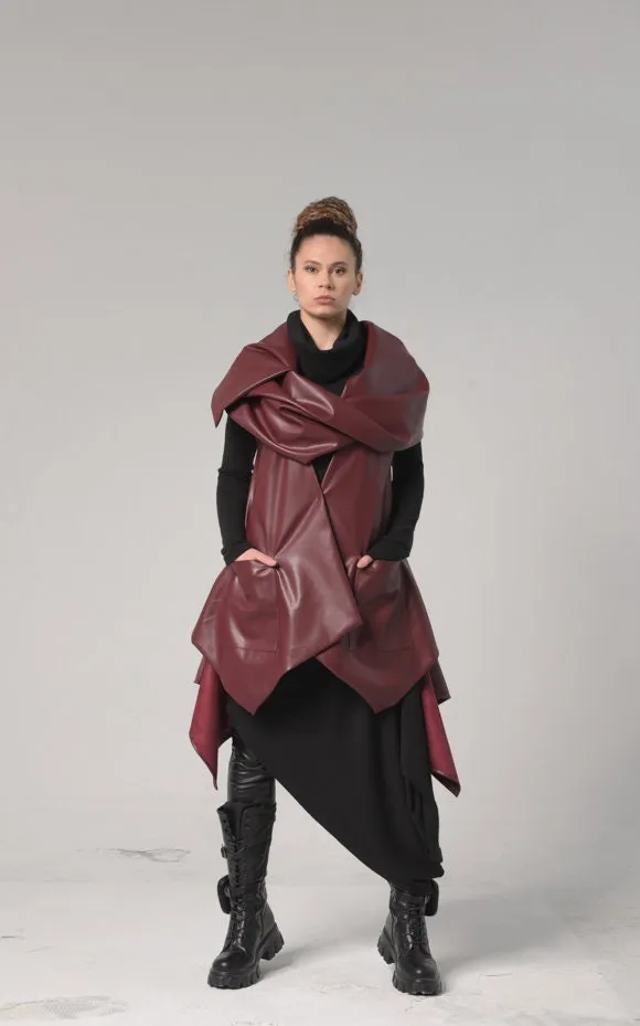 Avant Garde Eco-Leather Vest In Burgundy