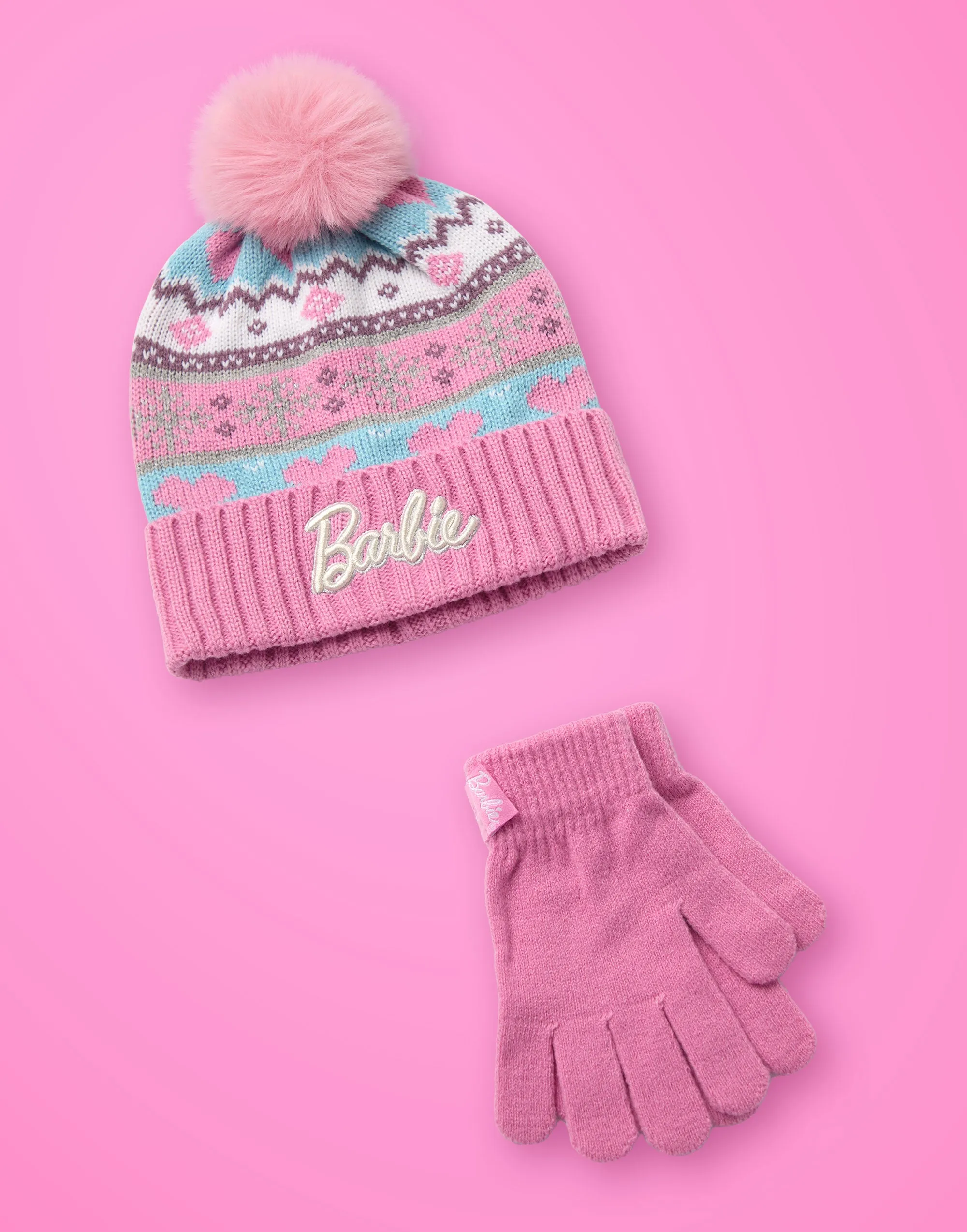 Barbie Fair Isle Boys Pink Beanie and Gloves Set