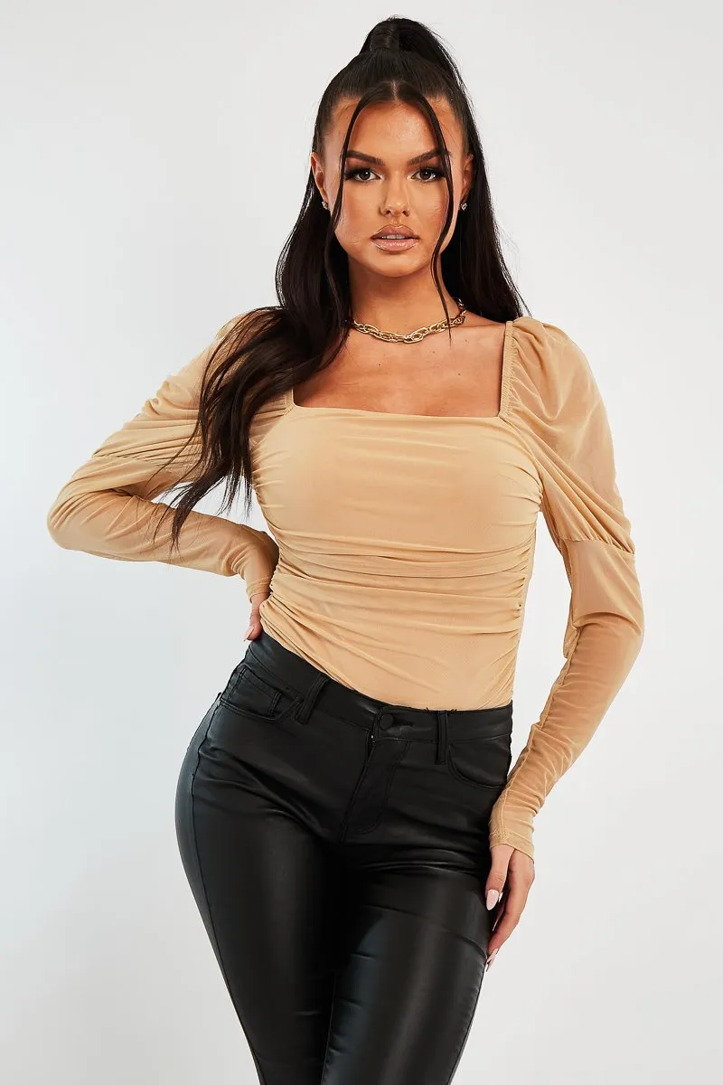 Beige Ruched Body Mesh Sleeve Bodysuit - Raeya