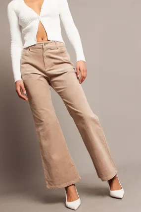 Beige Wide Leg Pants High Rise Corduroy