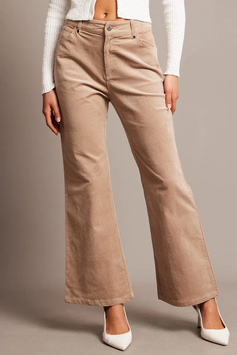 Beige Wide Leg Pants High Rise Corduroy