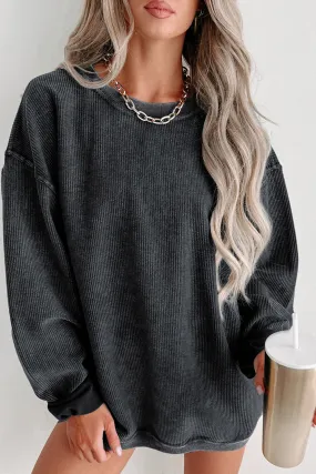 Black Solid Ribbed Knit Round Neck Pullover Sweatshirt