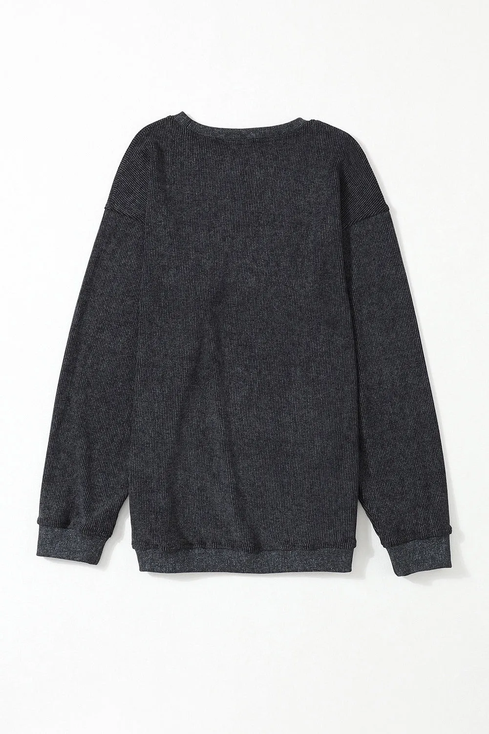 Black Solid Ribbed Knit Round Neck Pullover Sweatshirt