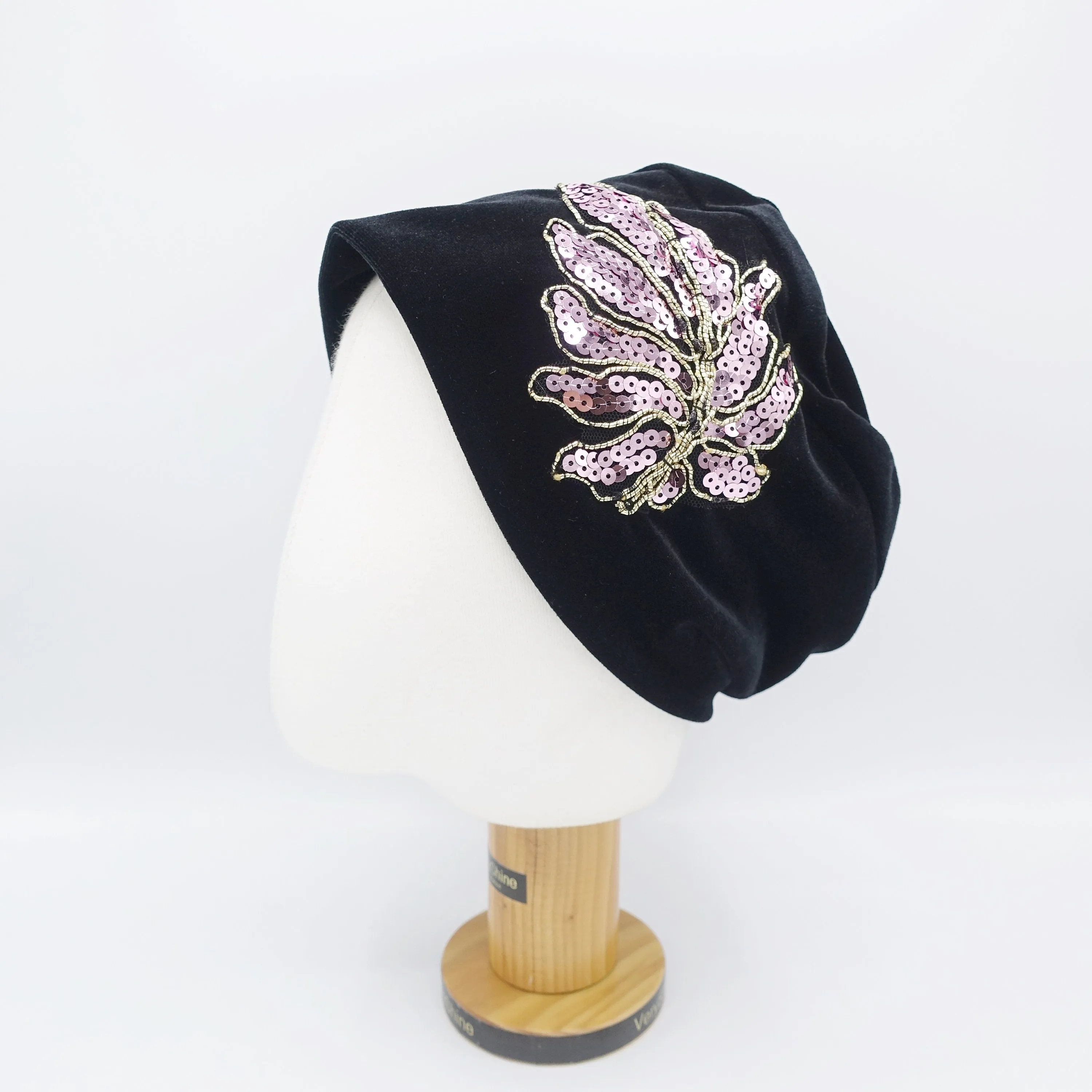 black velvet beanie, sequin leaf embellished hat, stretchable fashion hat for women