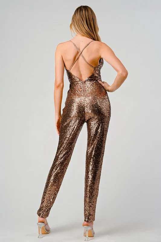 Bronze Sequin Cowl Neckline Cross Back Formal Jumpsuit