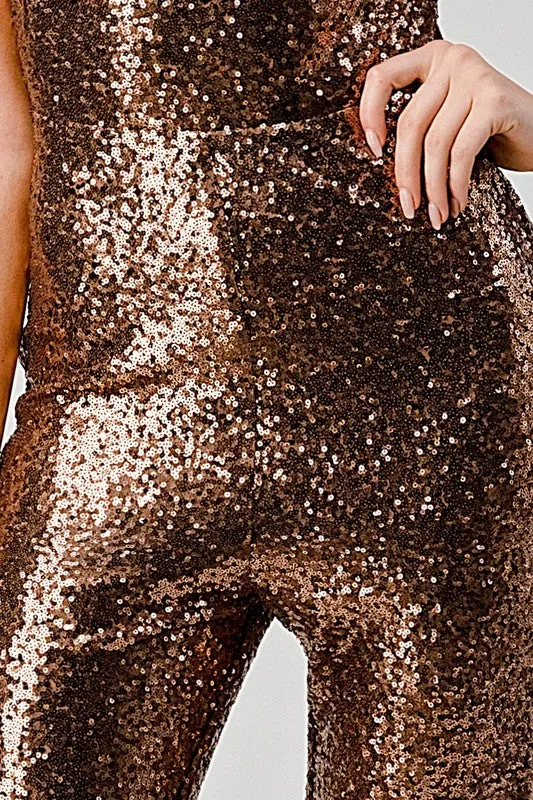 Bronze Sequin Cowl Neckline Cross Back Formal Jumpsuit