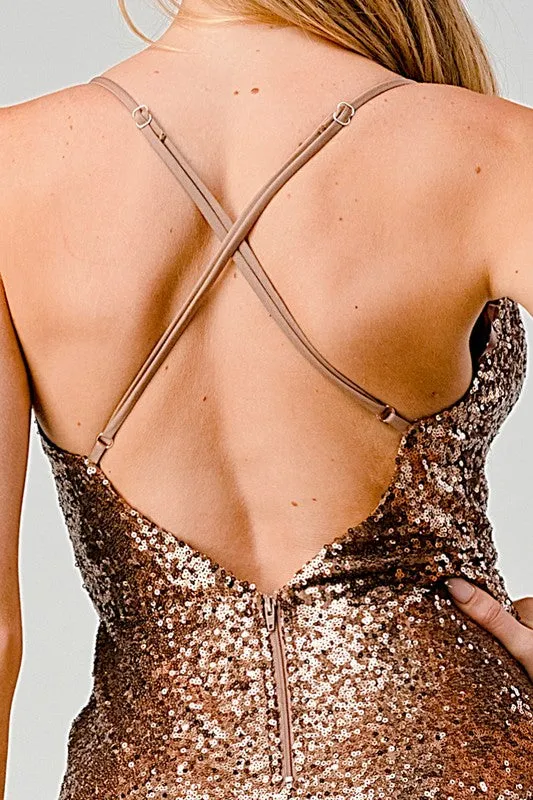 Bronze Sequin Cowl Neckline Cross Back Formal Jumpsuit