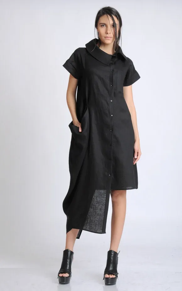 Collared Linen Shirt Dress In Black