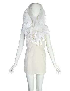 Comme des Garcons Vintage SS 2002 White Dramatic Sheer Eyelet Ruffle Head Wrap Tunic Top