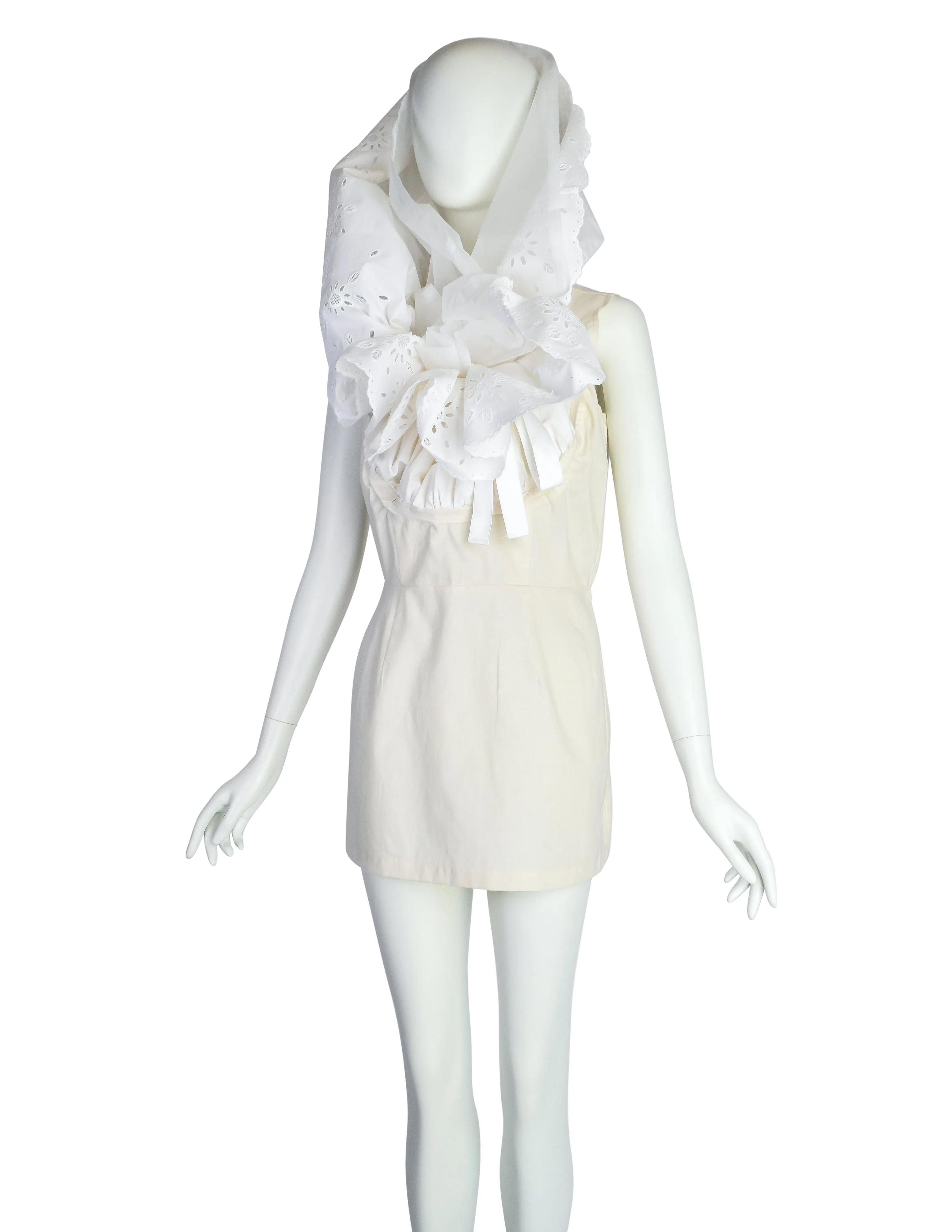 Comme des Garcons Vintage SS 2002 White Dramatic Sheer Eyelet Ruffle Head Wrap Tunic Top