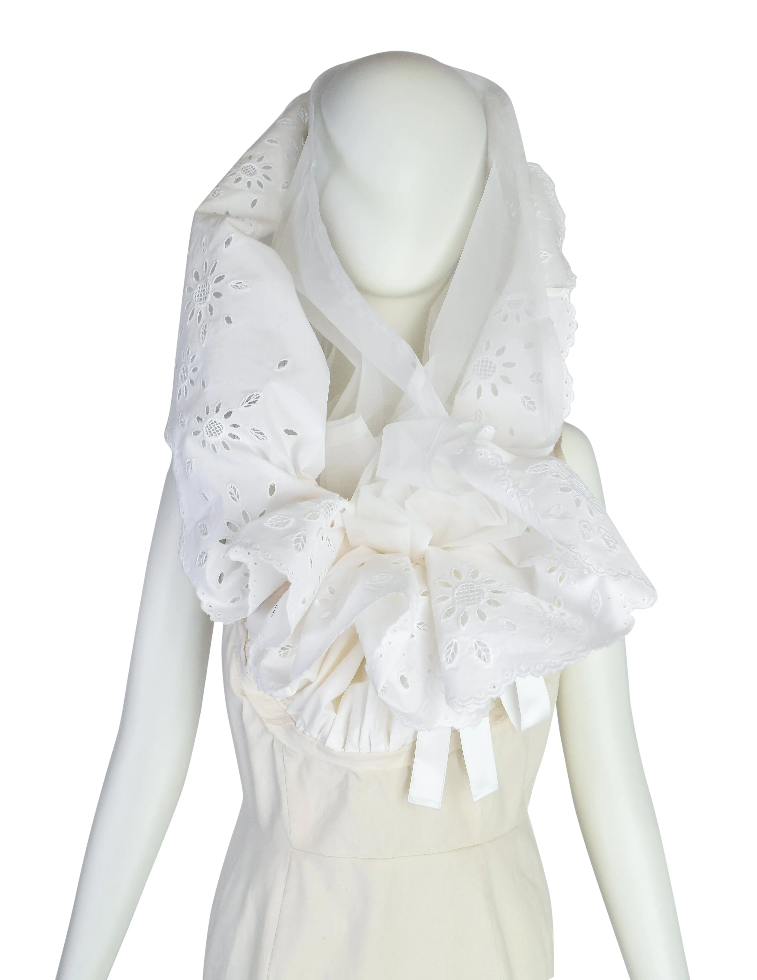 Comme des Garcons Vintage SS 2002 White Dramatic Sheer Eyelet Ruffle Head Wrap Tunic Top