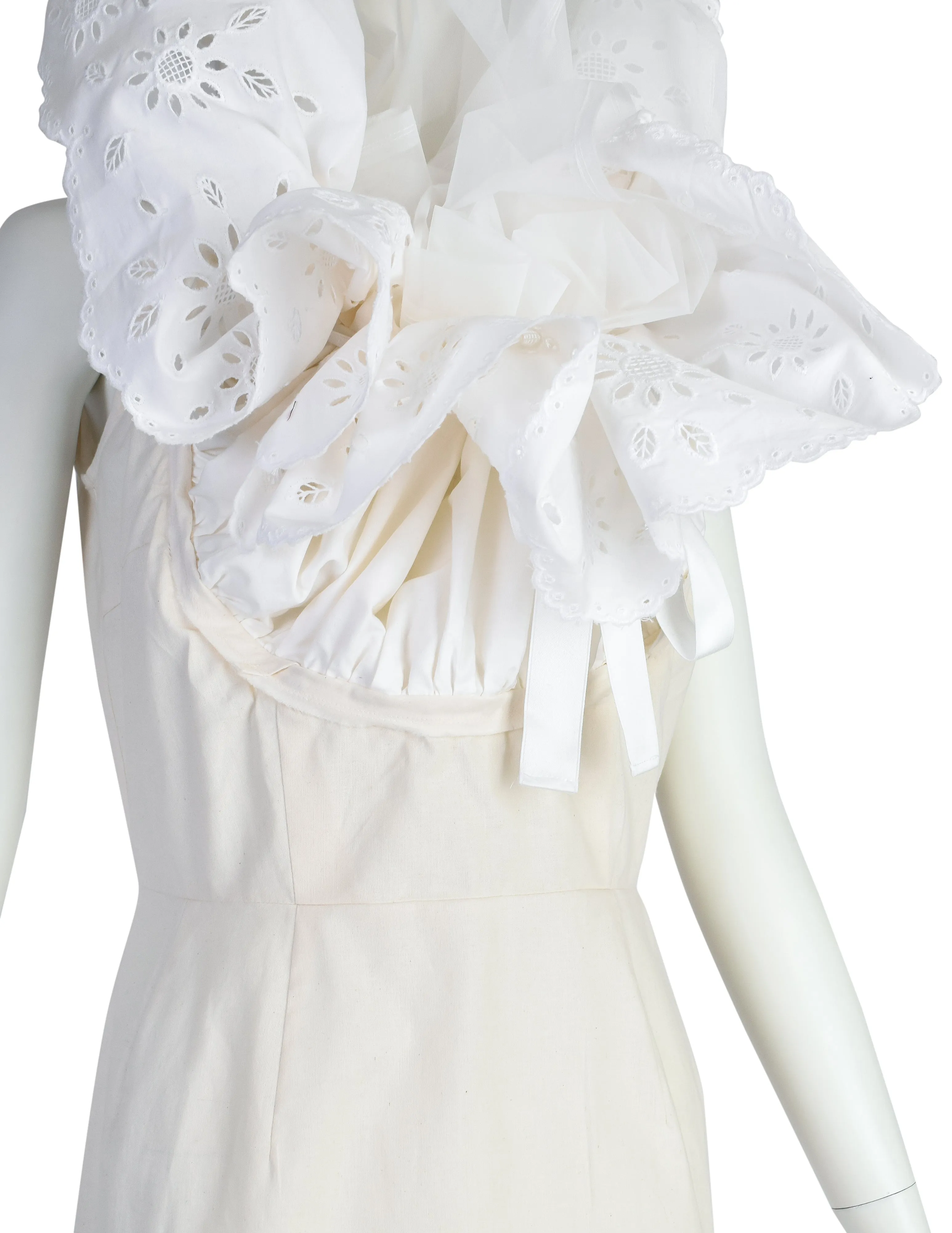 Comme des Garcons Vintage SS 2002 White Dramatic Sheer Eyelet Ruffle Head Wrap Tunic Top