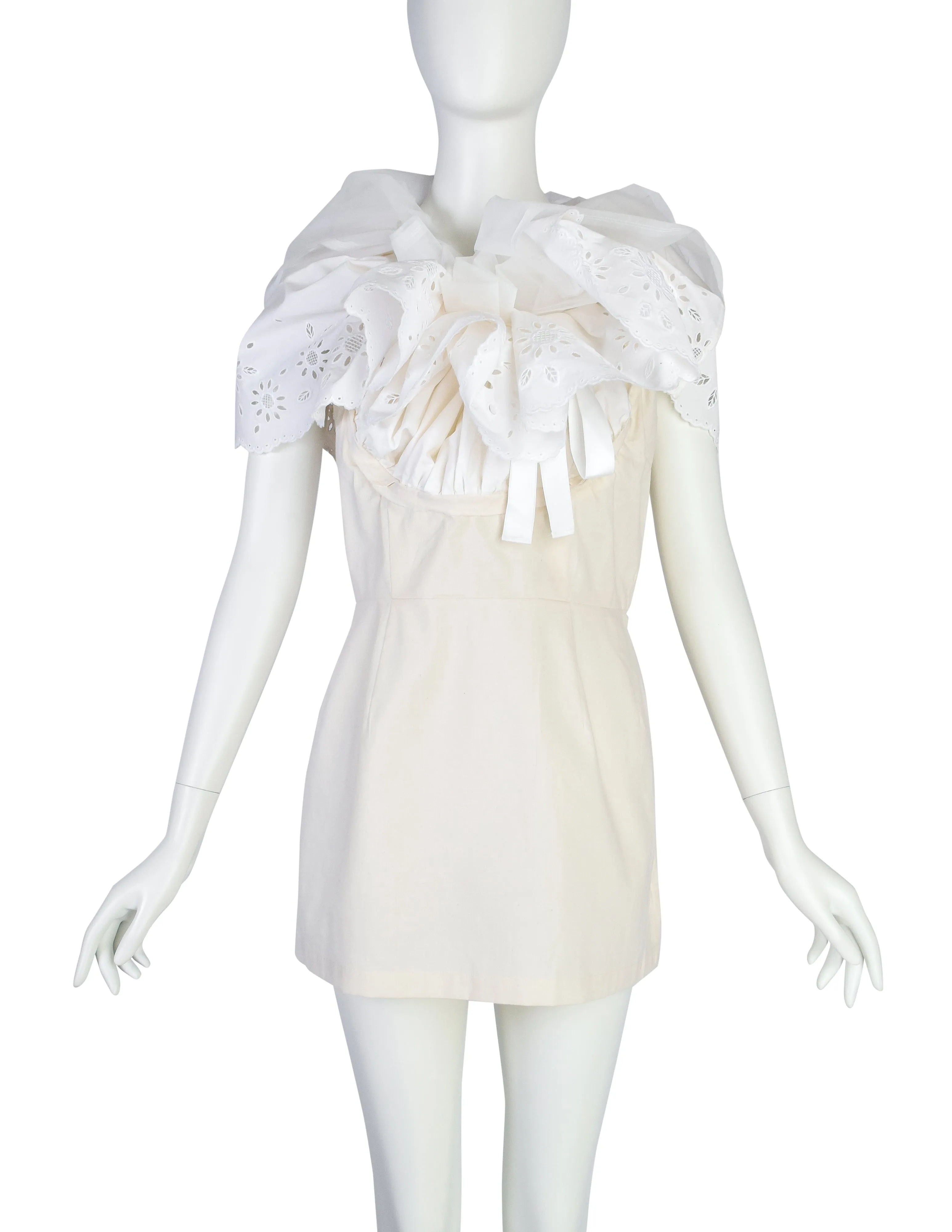 Comme des Garcons Vintage SS 2002 White Dramatic Sheer Eyelet Ruffle Head Wrap Tunic Top