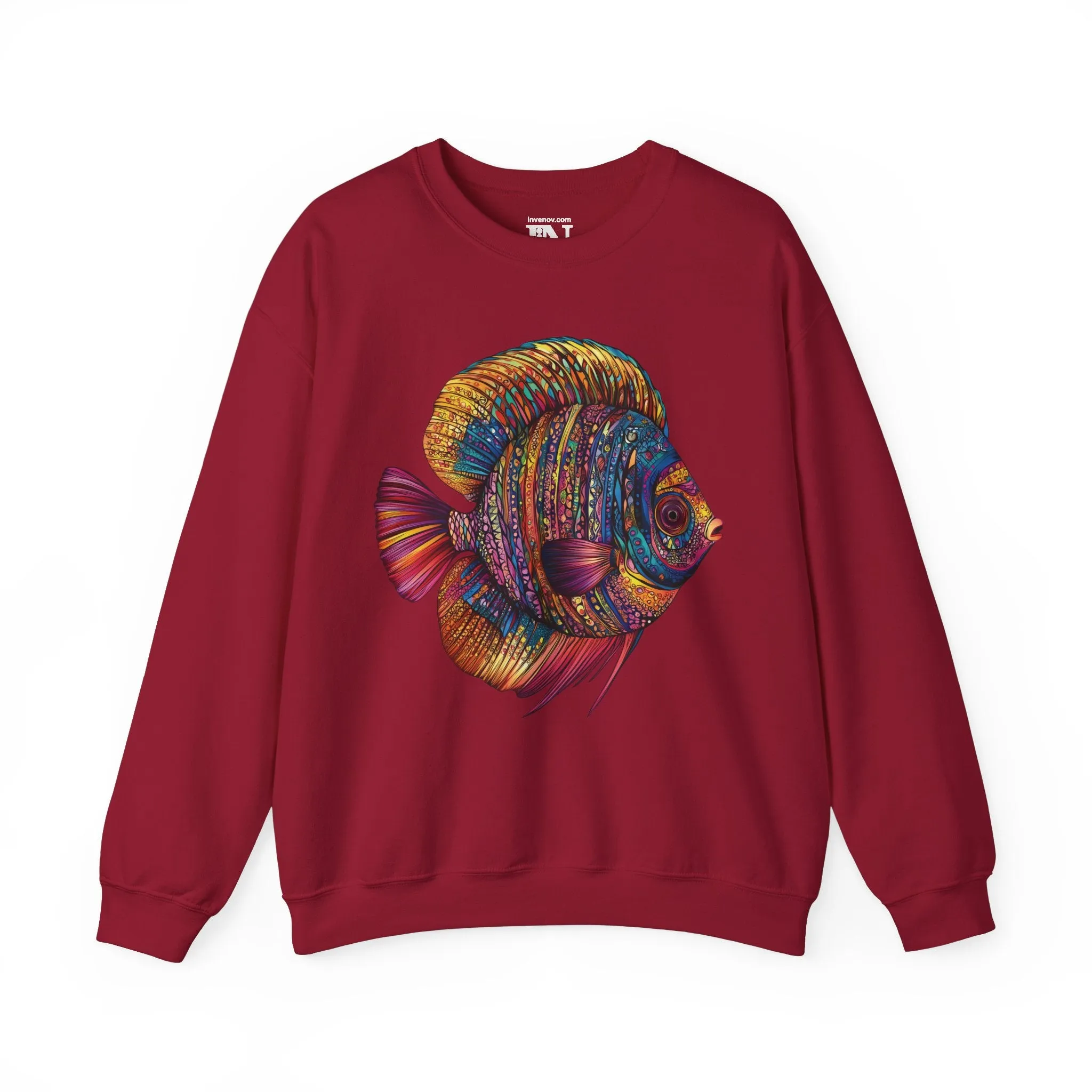 Discus Fish Crewneck Sweatshirt, Colorful Ornamental Pullover, Aquatic Animal Jumper, Whimsical Underwater Sweatshirt, Tribal Geometric