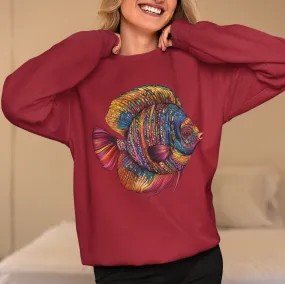 Discus Fish Crewneck Sweatshirt, Colorful Ornamental Pullover, Aquatic Animal Jumper, Whimsical Underwater Sweatshirt, Tribal Geometric