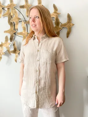 Eliz Sand Beige Flax Linen Button Down Top - Medium