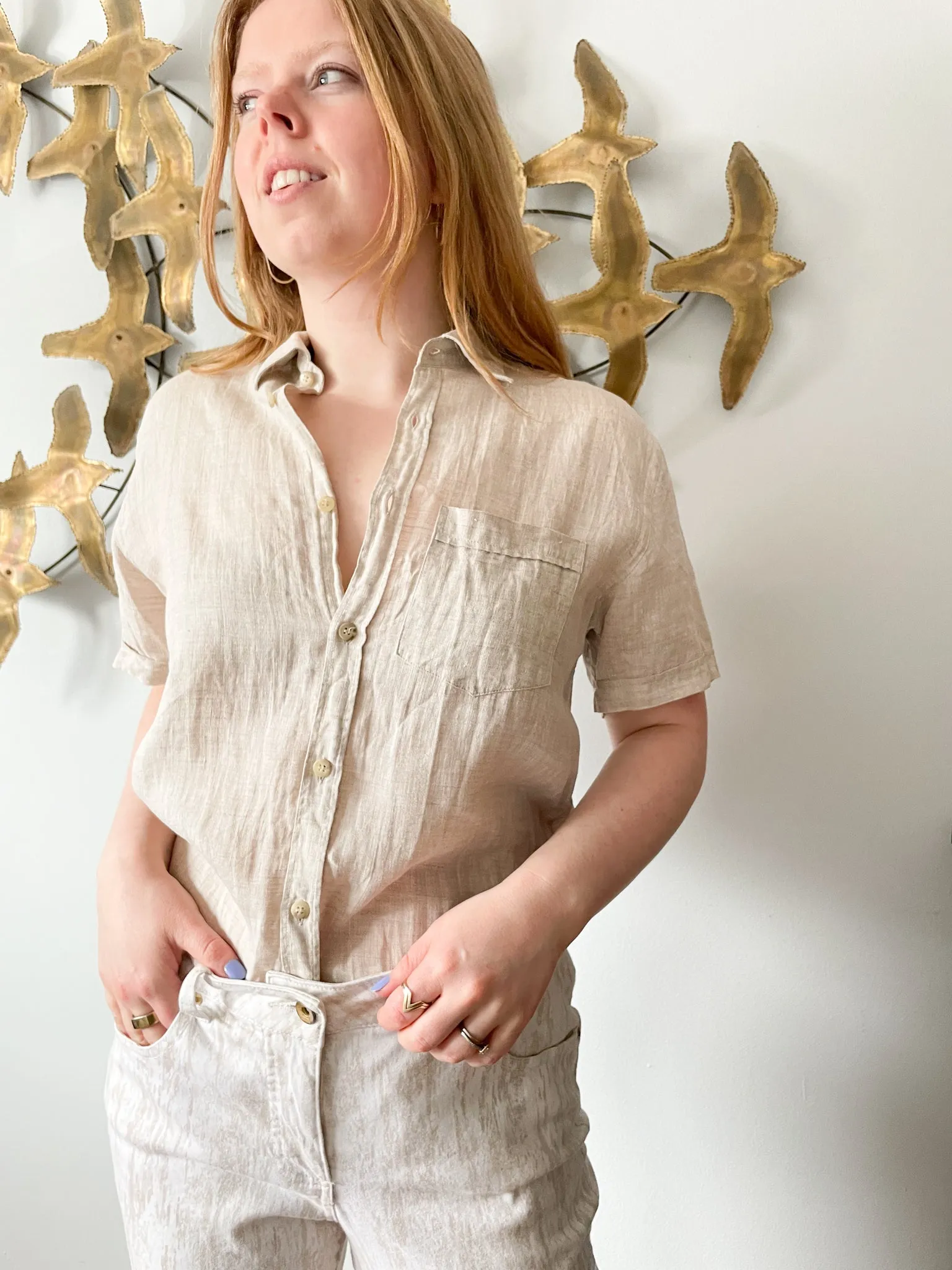 Eliz Sand Beige Flax Linen Button Down Top - Medium