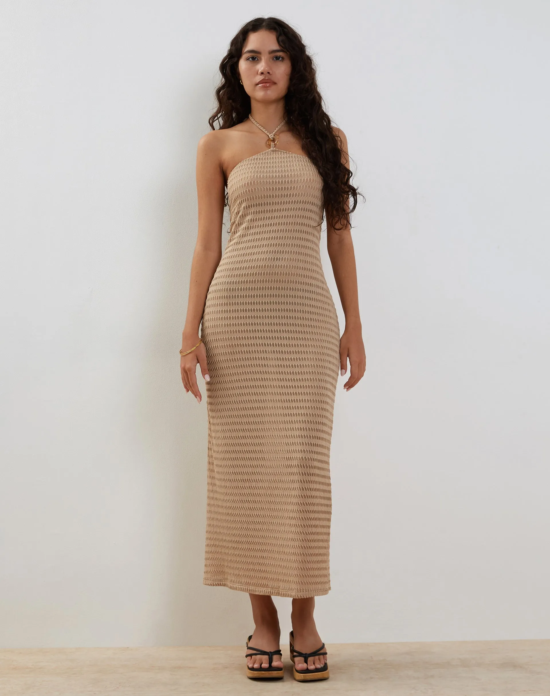 Emersyn Waffle Knit Halterneck Midi Dress in Oat